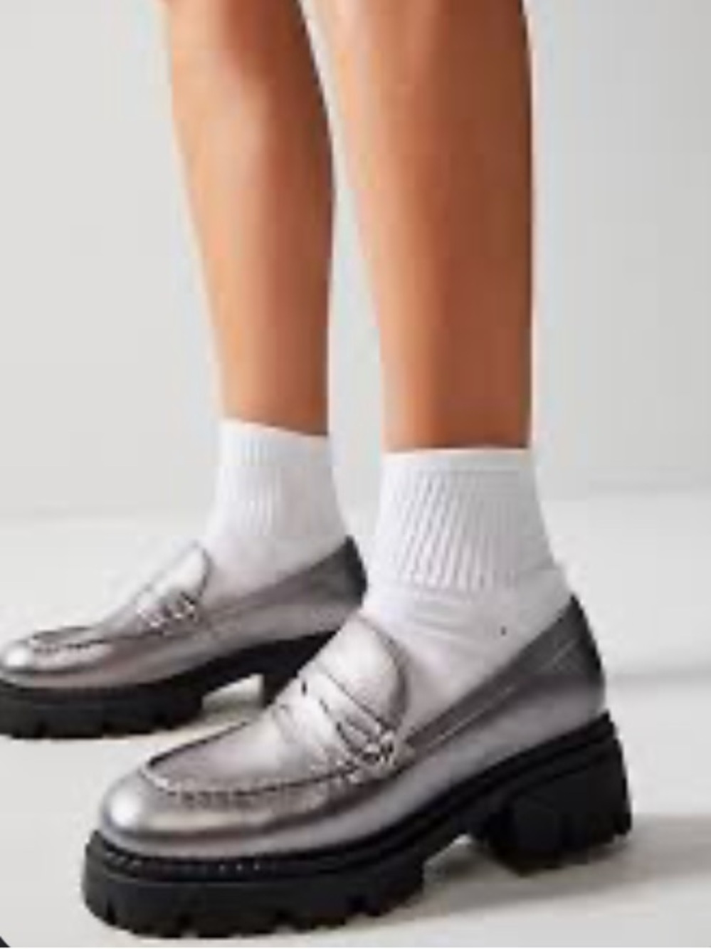 FREE PEOPLE Lyra Lug Sole Platform Loafer Womens 7 37 Silver Leather Chunky
